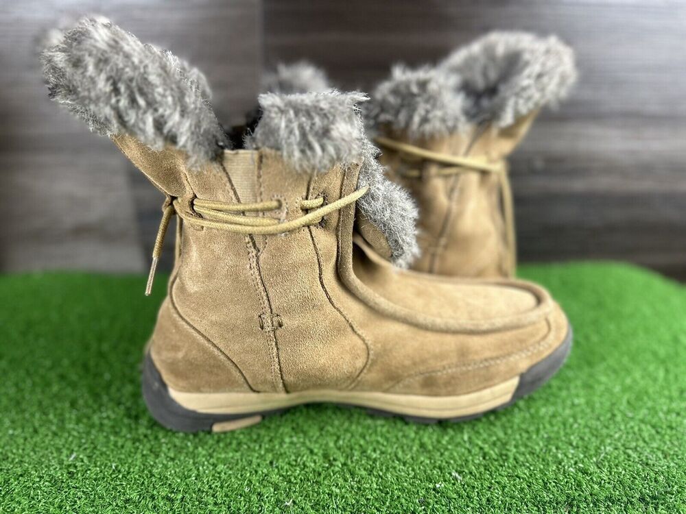 Lands End Womens Winter  Suede Ankle Boot Tan‎ w/Fake Fur*Slip-On size 10